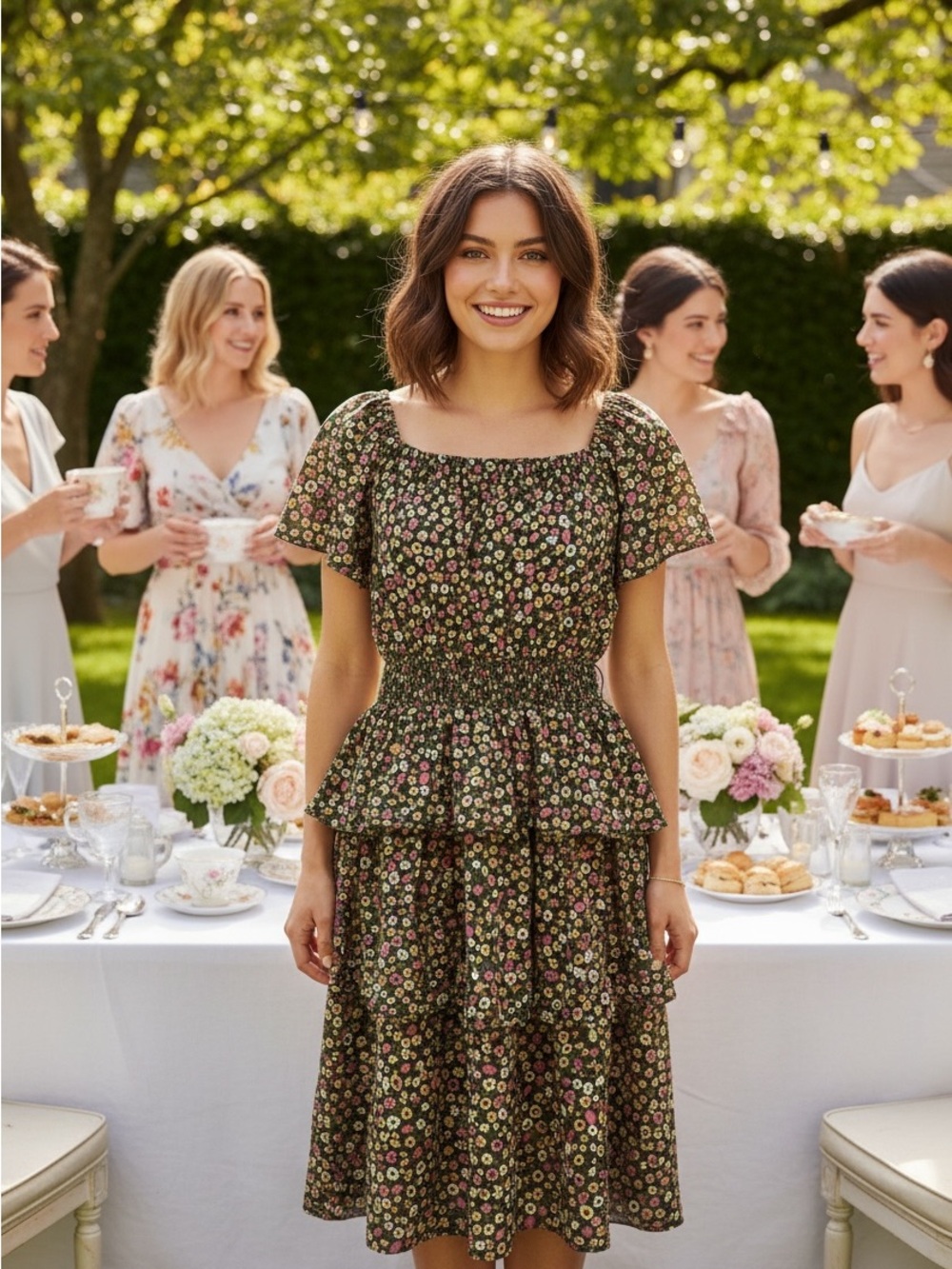 Ditsy Floral Smocked Midi Dress in Olive Green